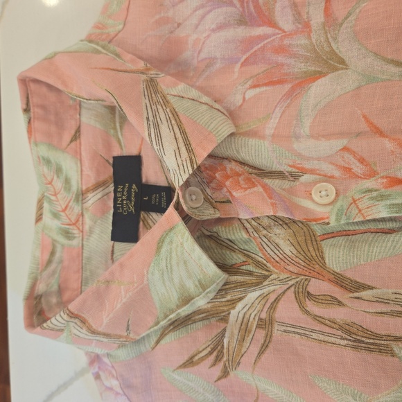 Linen Tropical Floral Short Sleeve Button Down Shirt Womens Large Pink Green - Picture 4 of 6